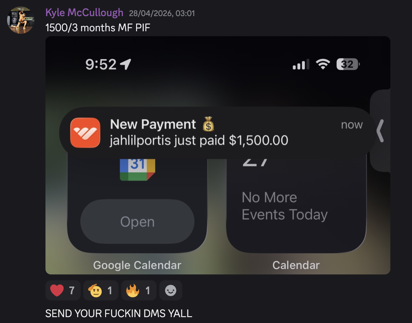Kyle McCullough payment result showing $1,500 paid