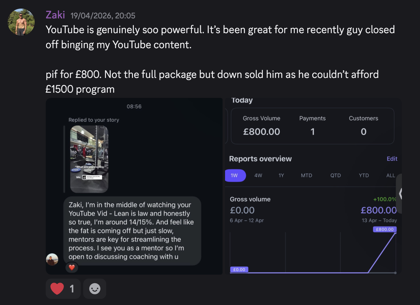 Zaki result showing an 800 pound payment and client message