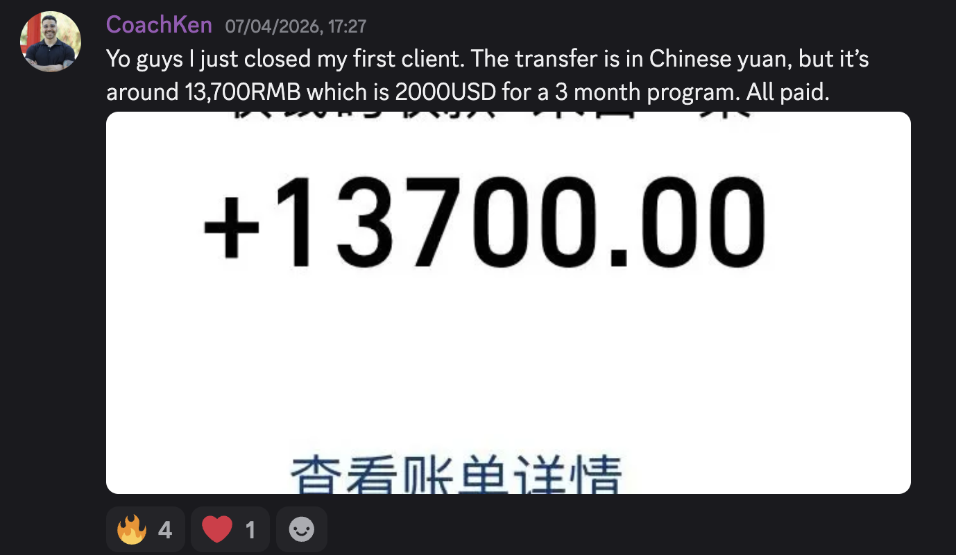 CoachKen result saying first client closed for a three month program